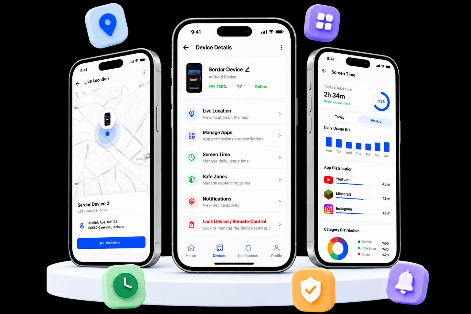 Gardiyan Family location and device management screens