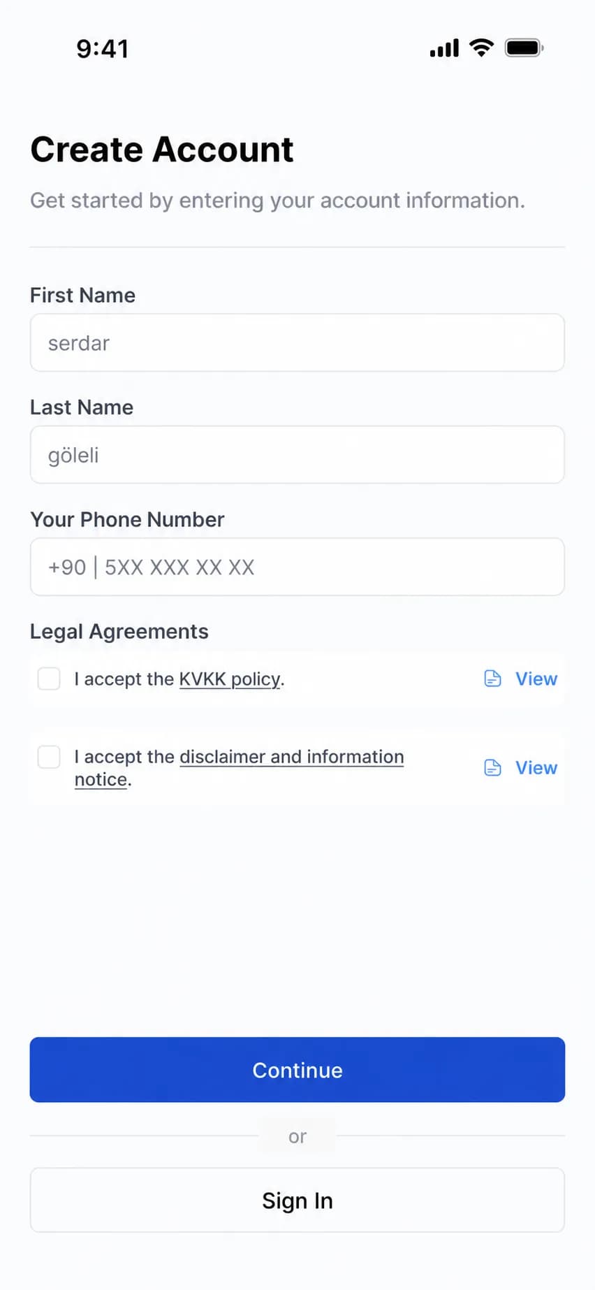 Create Your Account app screen